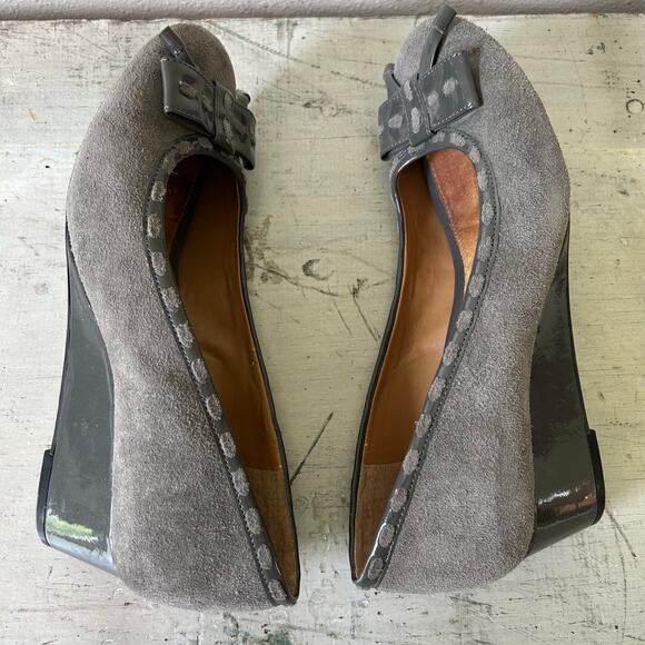 Michelle D suede leather low wedge kitten heel bow academia office coquette 7.5 - Picture 11 of 13
